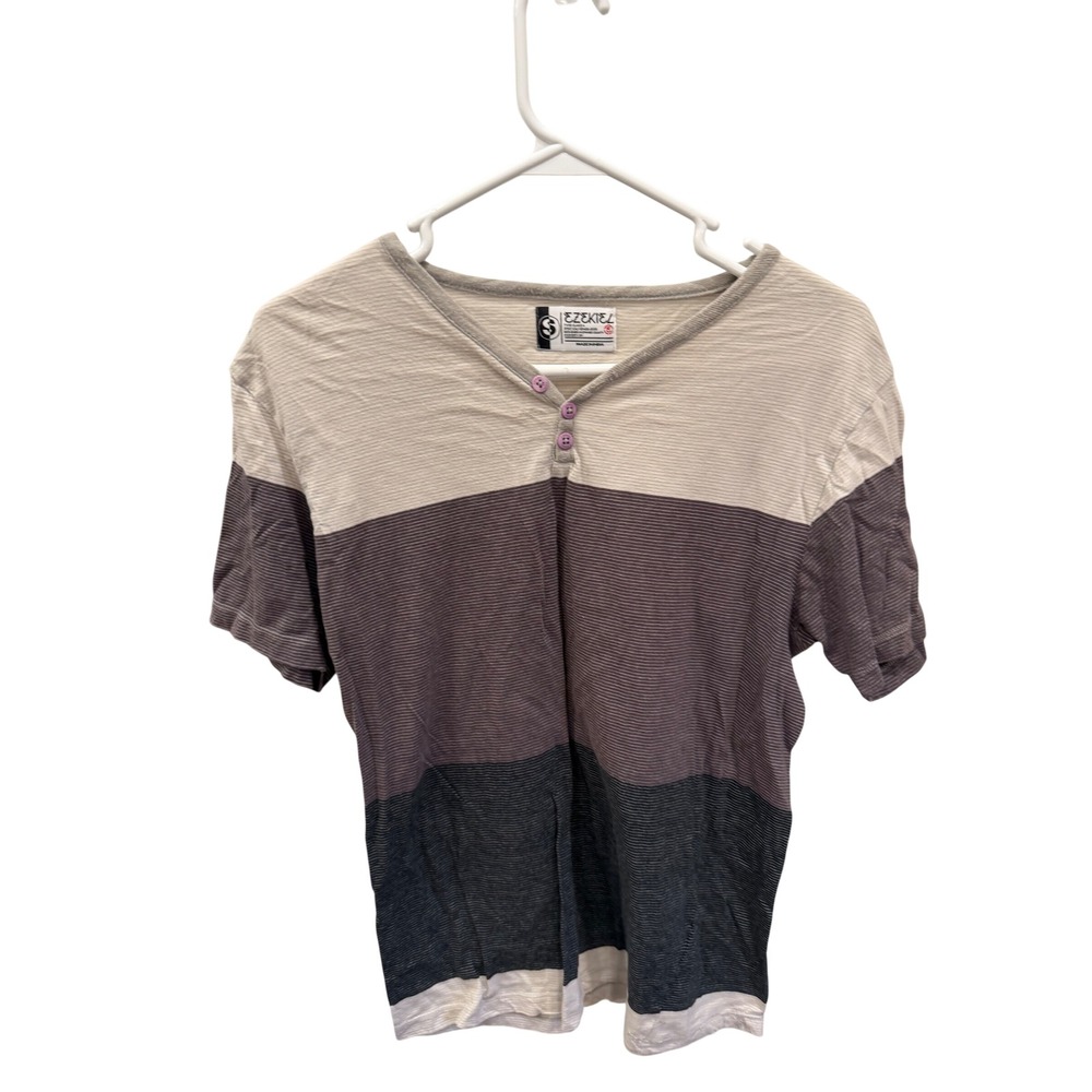 Ezekiel Mens Henley Shirt Small Colorblock Striped Short Sleeve Grey Cream S